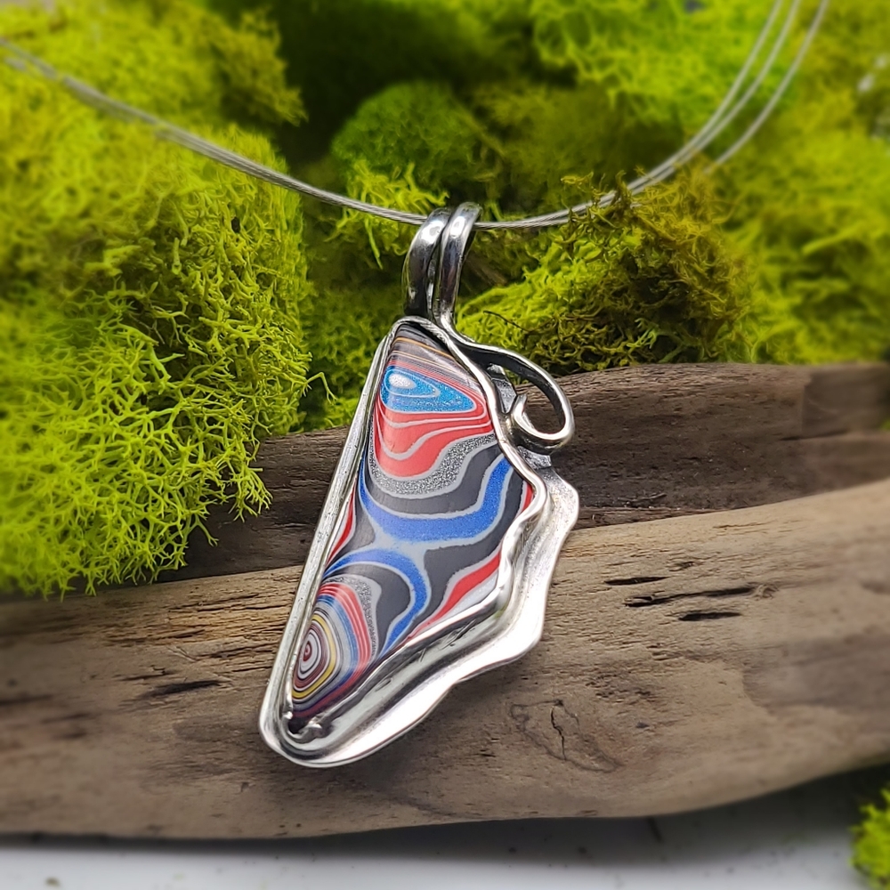 Fordite pendant necklace, handcrafted, sterling silver, Detroit, automotive, car